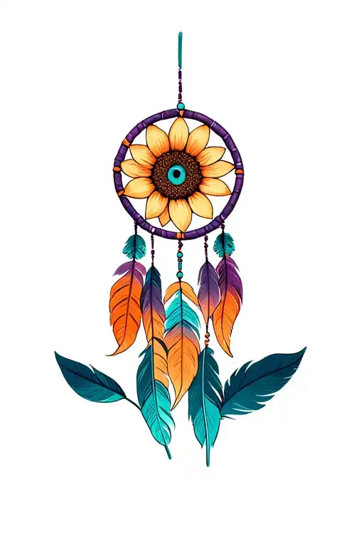 dreamcatcher made of a realistic sunflower with teal center and ombre teal purple and orange skinny fluffy feathers comi tattoo design idea