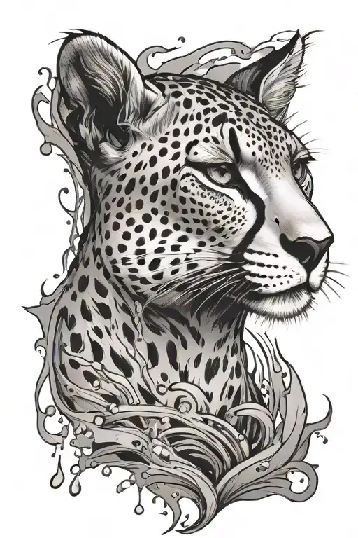 crying cheetah face, tears dripping into a pond surrounded tattoo design idea