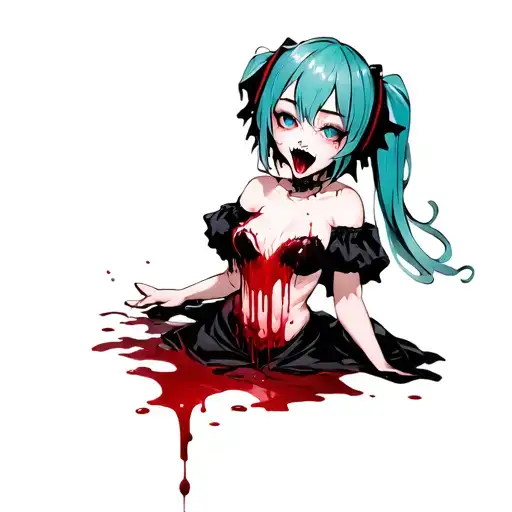 hatsune miku, vampire, lustful expression, bare breasts, blood from mouth, anime style, art, tattoo style,  neo trible  tattoo design idea
