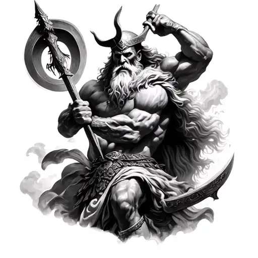 realistic, fine detail of odin in battle with zeus in black and grey scale tattoo design idea