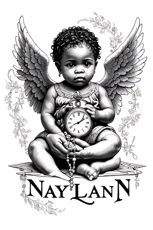 "NAYLANN" African baby angel with wings and clock showing 00:40 and a hand holding a rosary tattoo design idea