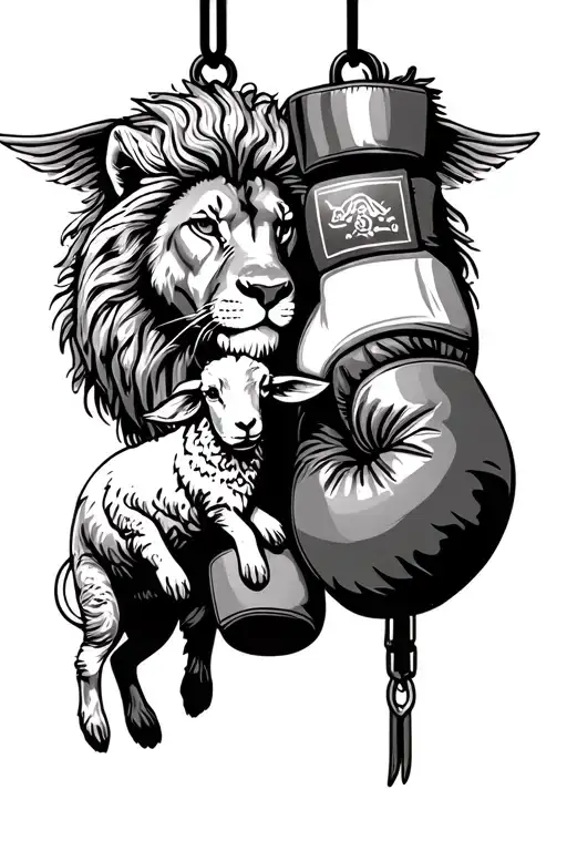 boxing gloves hanging with a lion and a lamb tattoo design idea