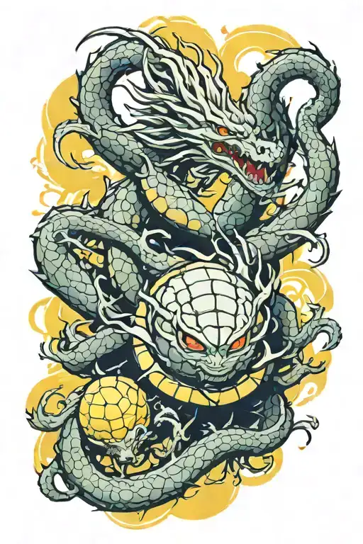 dragon balls down bottom with shenron summoned from them head up the top rawing. yellow energy and dark atmosphere  tattoo design idea