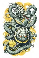 dragon balls down bottom with shenron summoned from them head up the top rawing. yellow energy and dark atmosphere  tattoo design idea