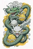 dragon balls down bottom with shenron summoned from them head up the top rawing. yellow energy and dark atmosphere  tattoo design idea