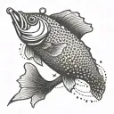 Minimalist dotwork tattoo of a bass hook with a subtle fishing line tattoo design idea