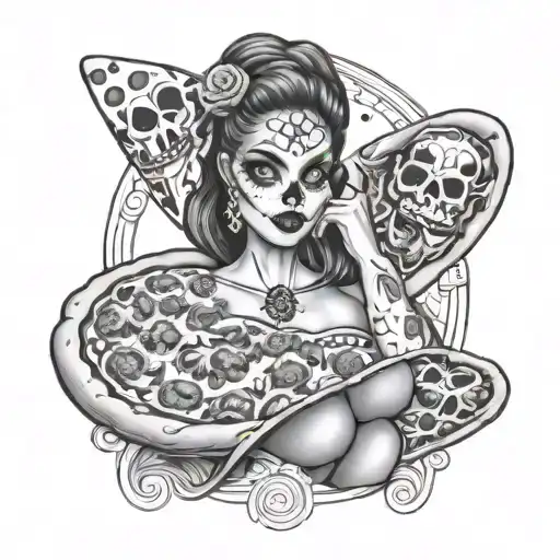 day of the dead pin up girl wrapped in a pizza tattoo design idea