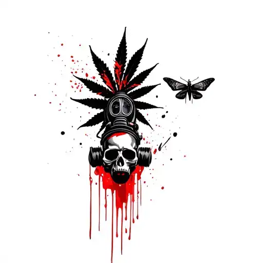 skull with gas mask, moth, marijuana leaf in the background, dripping blood tattoo design idea