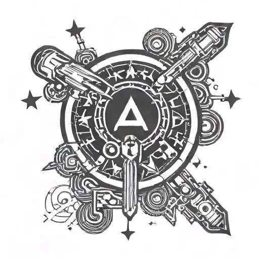 A minimalist tattoo of a magic wand with gaming symbols around it, combining the client's favorite things of magic and gaming tattoo design idea