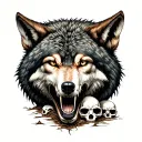 wolf eating sheep head in woods with skulls on the ground and creepy eyes in the dark woods tattoo design idea