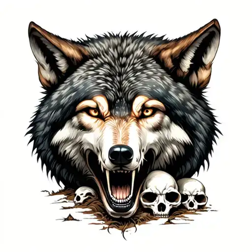 wolf eating sheep head in woods with skulls on the ground and creepy eyes in the dark woods tattoo design idea