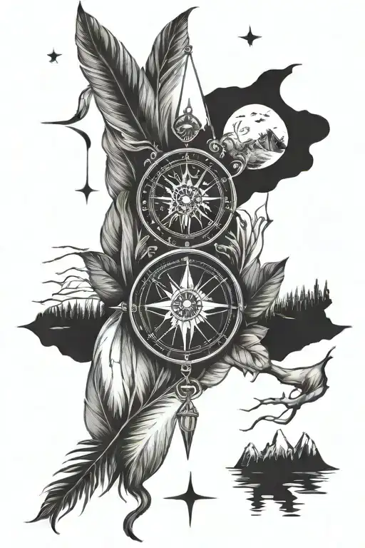 compass feather moon camping wilderness mountains  tattoo design idea