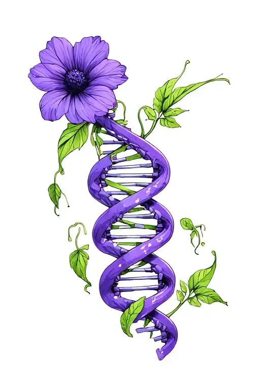 double helix dna strand with Violet Flower and bean sprout intertwined on the DNA strand. more minimalist  tattoo design idea