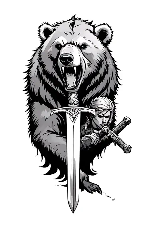 The harsh bear growls and a hero with a sword nearby tattoo design idea
