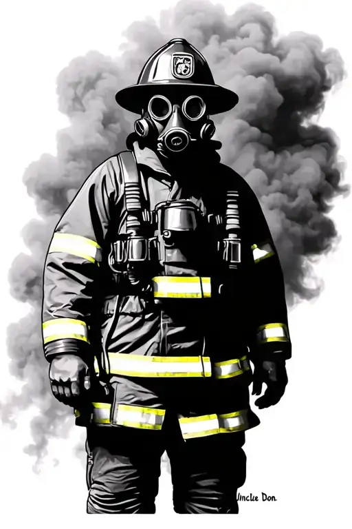 Black silhouette of firefighter in gas mask standing in smoke. Subtle handwritten ‘Uncle Don’ in or below smoke.  tattoo design idea