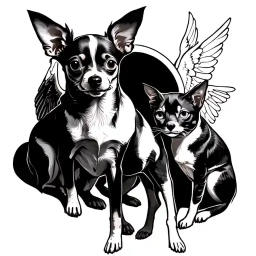 A unique design of a Chihuahua breeder surrounded by angelic dogs and devilish cats, symbolizing the balance between good and evil in the animal kingdom tattoo design idea