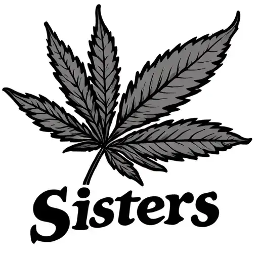 weed leaf saying "sisters" on the end of the leaf tattoo design idea