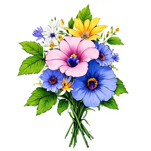 morning glory, aster, and jonquil flowers bouquet wrapped tattoo design idea