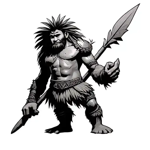 Coconut coconut warrior from the Vaiana 2 fairy tale with a spear in hand, coconut with arms, legs and a spear in his hand tattoo design idea