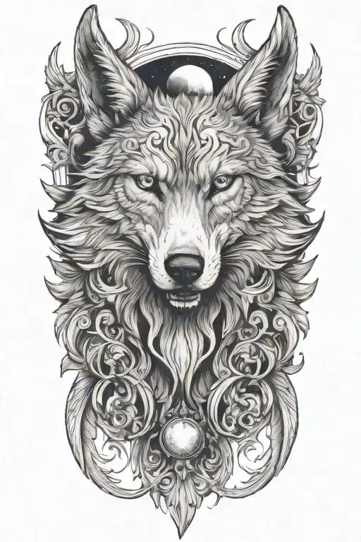 Wolf head with wings and crescent moon tattoo design idea