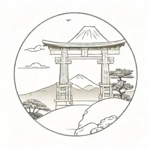 torii gate with mt Fuji and Shinto shrine  minimalistic tattoo design tattoo design idea