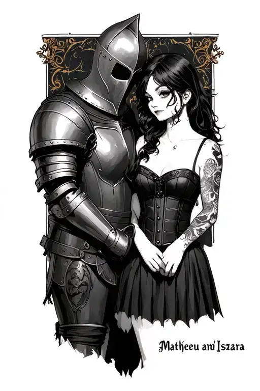 "Mathieu and Iszara" a knight with a helmet on and a goth girl but you cant see her facewearing black skirt and black corset with black hair  tattoo design idea