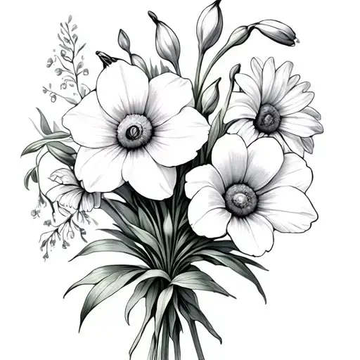 snowdrop and daffodil and daisy and poppy and morning glory flower bouquet tattoo design idea