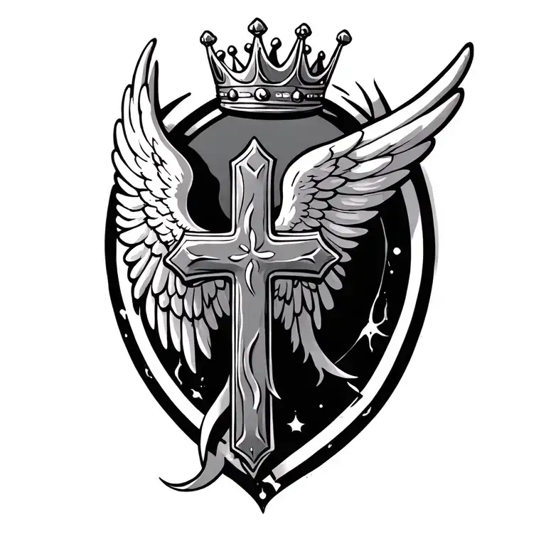 cross with wing and crown tattoo design idea