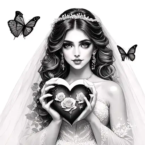 dainty sexy and pretty bride holding a broken heart with roses and butterflies realistic  tattoo design idea