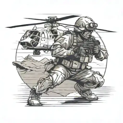 combat medic kneeling, Cross in the background, helicopter flying above tattoo design idea