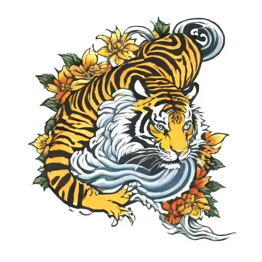 Tiger. Chrysantemus. Heron. Asian Wave. Dark tattoo design idea