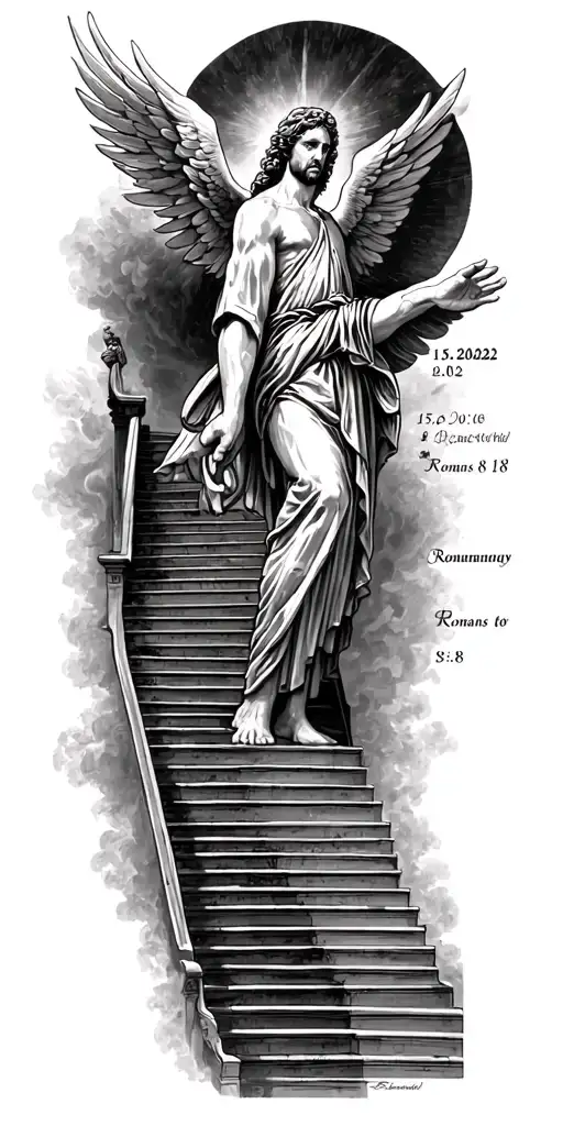 a heaven concept, a date of 15.08.2022 on the stairway of heaven with romans 8:18 on the inner forearm tattoo design idea