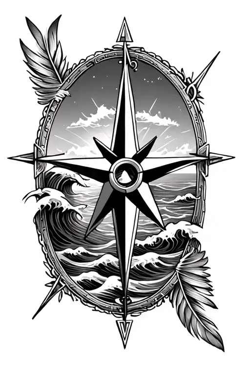 nautical star in the middle of compass rose with waves and sunset (no feathers) feminine  tattoo design idea