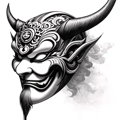 Black and white pencil sketch of a Hannya mask in realistic fine art style, with smooth shading and clean lines tattoo design idea