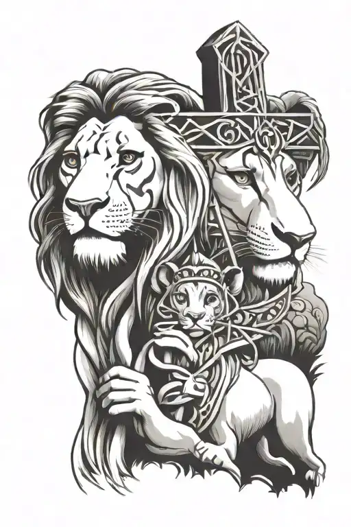 Jesus and Simba from Lion King and three crosses tattoo design idea