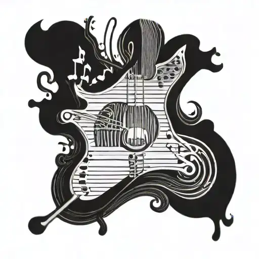 A detailed wood grain pattern intertwined with musical notes and instruments tattoo design idea