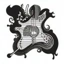 A detailed wood grain pattern intertwined with musical notes and instruments tattoo design idea