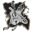 A detailed wood grain pattern intertwined with musical notes and instruments tattoo design idea