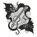 A detailed wood grain pattern intertwined with musical notes and instruments tattoo design idea
