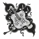 A detailed wood grain pattern intertwined with musical notes and instruments tattoo design idea