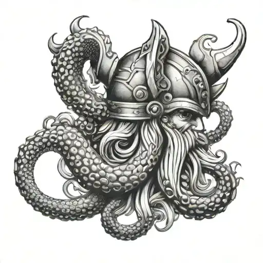 Viking and octopus wrapping its tentacles tattoo design idea
