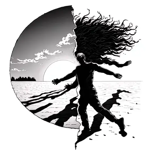 Single person split in two with one part chasing their shadow on the ground and the other chasing the sun in the sky tattoo design idea