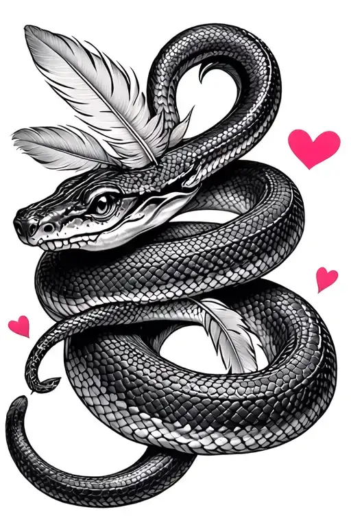 rattle snake, feather and love heart tattoo design idea