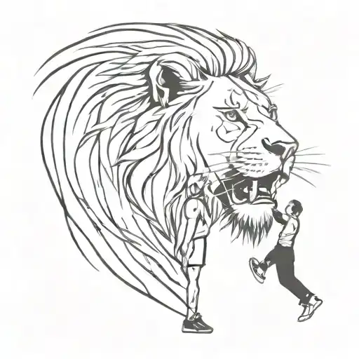 A basketball coach blowing a whistle with a lion resting at their feet, symbolizing leadership and strength tattoo design idea