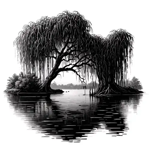  tall weeping willow tree on water tattoo design idea