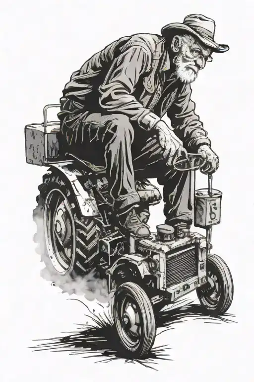 A old man siitting on a old ford tractor with the phrase Family is not always blood tattoo design idea