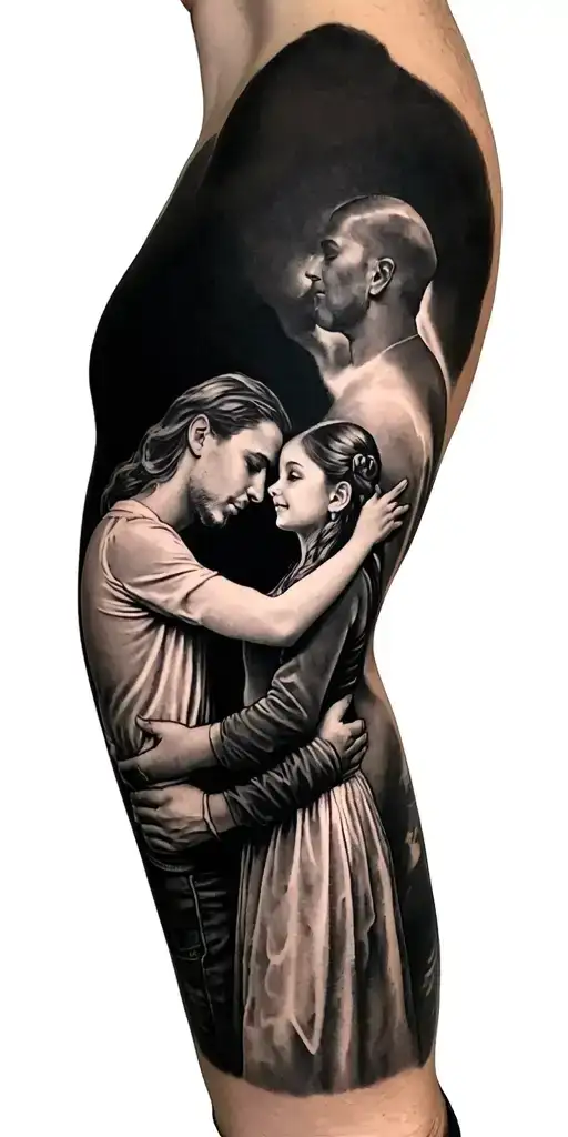 A powerful black-and-grey realism sleeve illustrating the timeless bond between a father and daughter. At the top (inner tattoo design idea