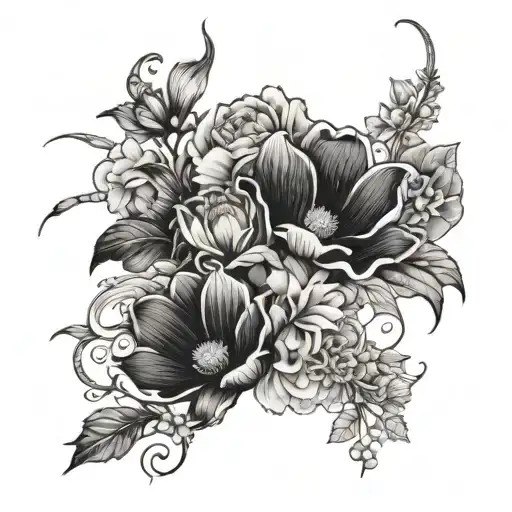 flowers intertwined with 1 poppy, 1 water lily, 2 snowdrops, 2 violets, 1 narcissus, 1 morning glory, & 1 chrysanthemum tattoo design idea