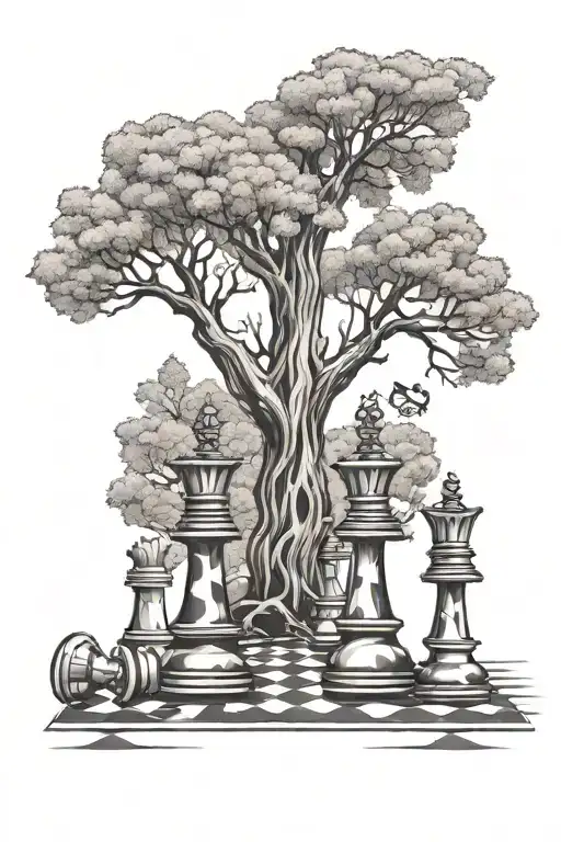 three trees and 1 queen chess piece featuring tattoo design idea