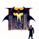 a city with tall buildings with a E.T pressing the batman signal in the sky  tattoo design idea